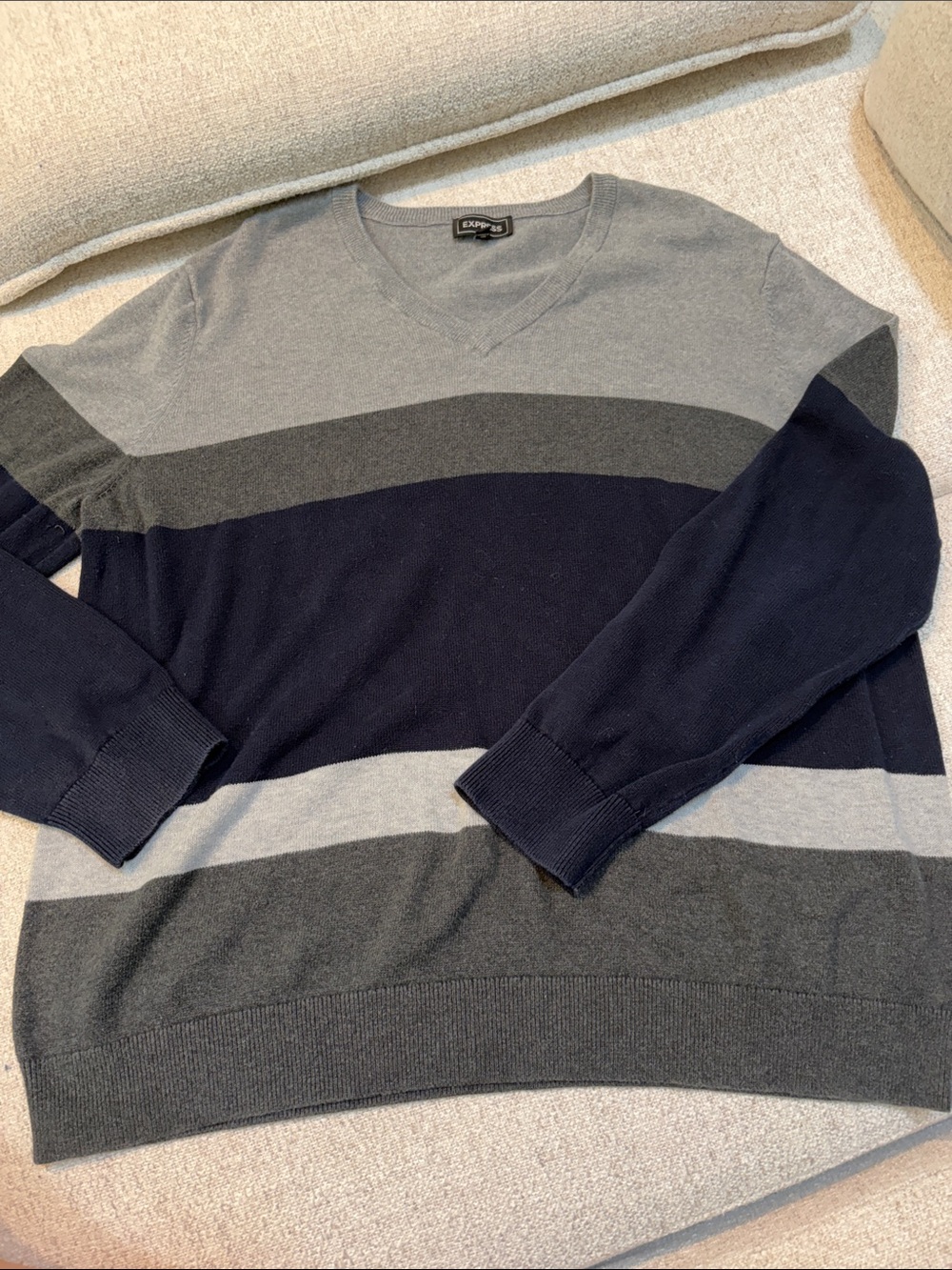 Express Men’s Crewneck Stripe Sweater in Gray and Navy